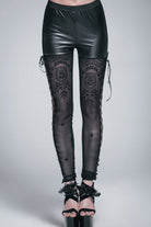 Black Side Hollow Out Lace Up Gothic Positioned Flower Flocking Mesh Legging