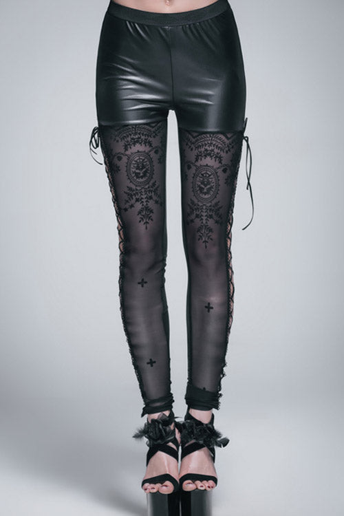 Black Side Hollow Out Lace Up Gothic Positioned Flower Flocking Mesh Legging