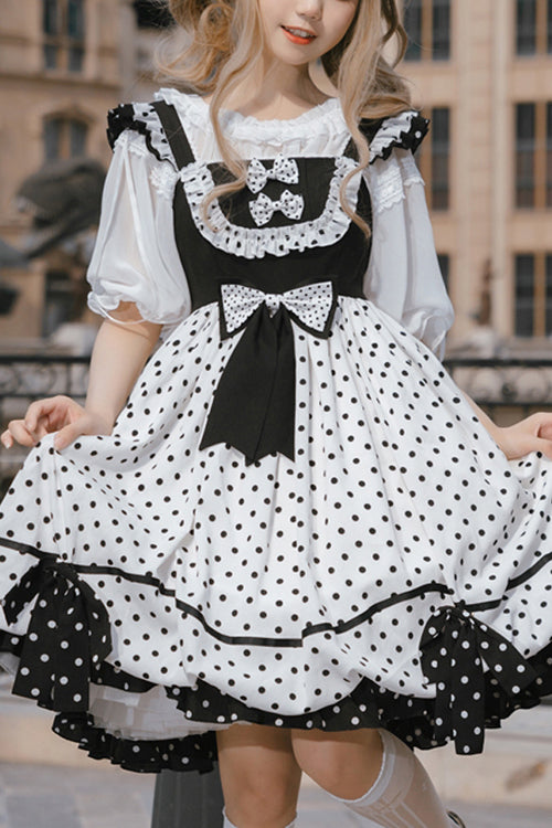 White/Black Polka Dot Ruffled Strap Sweet Lolita JSK Dress