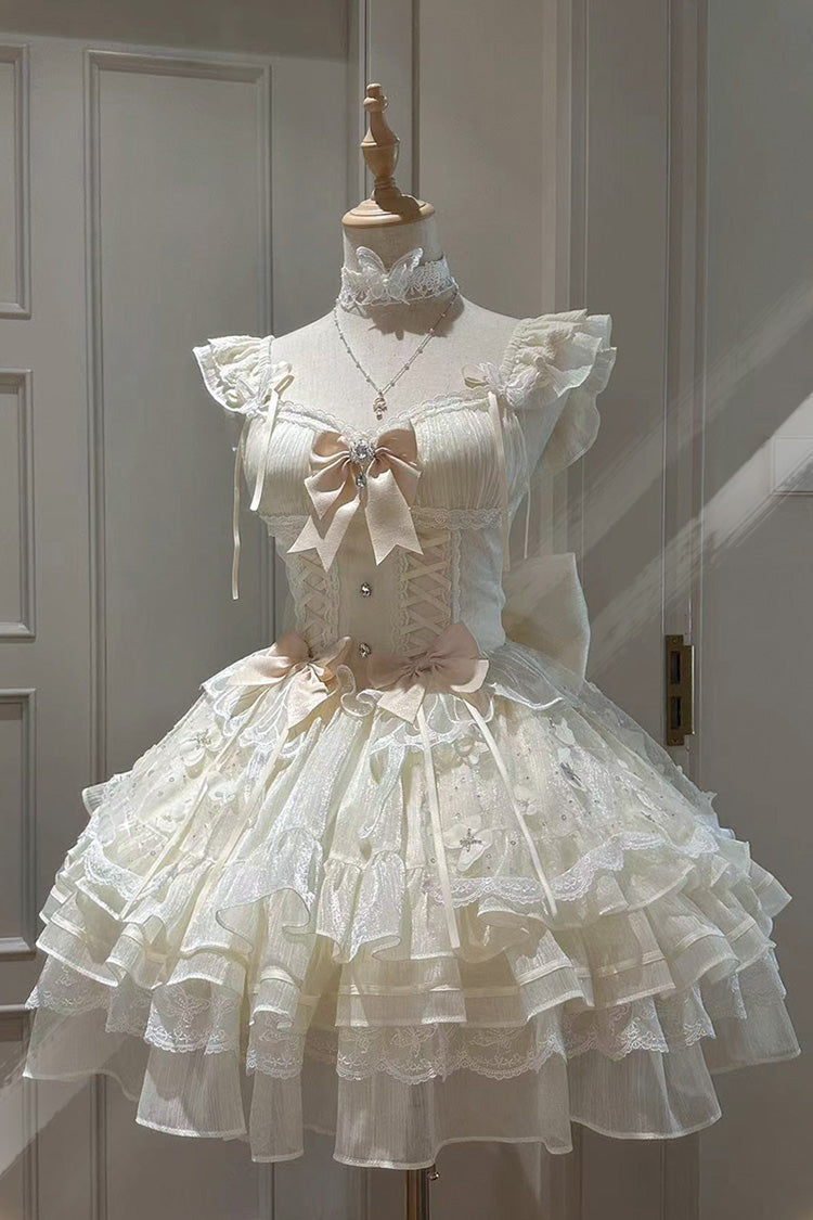 Ivory [First Love] Multi-Layered Ruffle Bowknot Lace-Up Sweet Elegant Princess Lolita Jsk Dress
