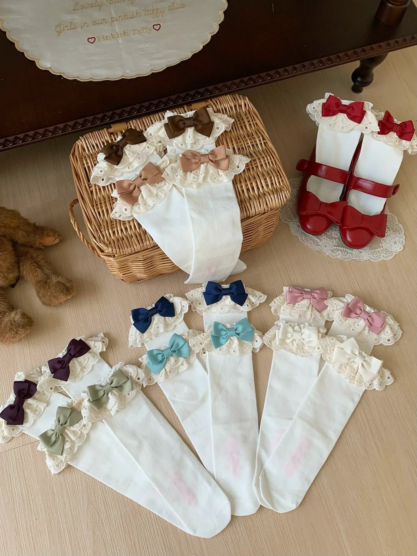 Cotton Classic Lolita Calf Socks, Double Layer Trim & Bow