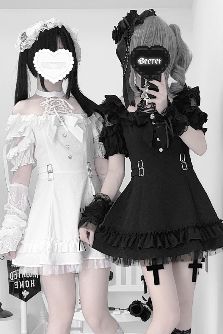 Black/White Halterneck Short Sleeves Ruffle Bowknot Lace Jirai Kei Japanese Dress 2 Colors