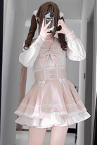 White/Pink [Snow-Kissed Rose] Navy Collar Long Sleeves Triple-Layered Ruffled Bow Sweet Jirai Kei Japanese Skirt Set