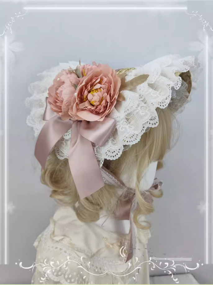 Country Lolita Bonnet Lace Flower Flat Cap Multicolors Customized
