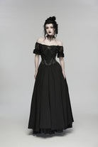 Black Off Shoulder Short Puff Sleeves Ruffled Hanayome Embroidered Lace Women's Gothic Elegant Gorgeous Dress