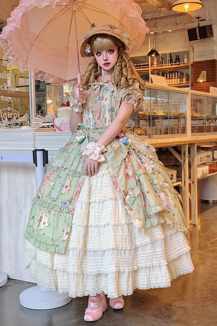 Green [Cat Rose Tea] Short Sleeves Print Ruffle Cardigan Bowknot Daily Sweet Lolita Dress