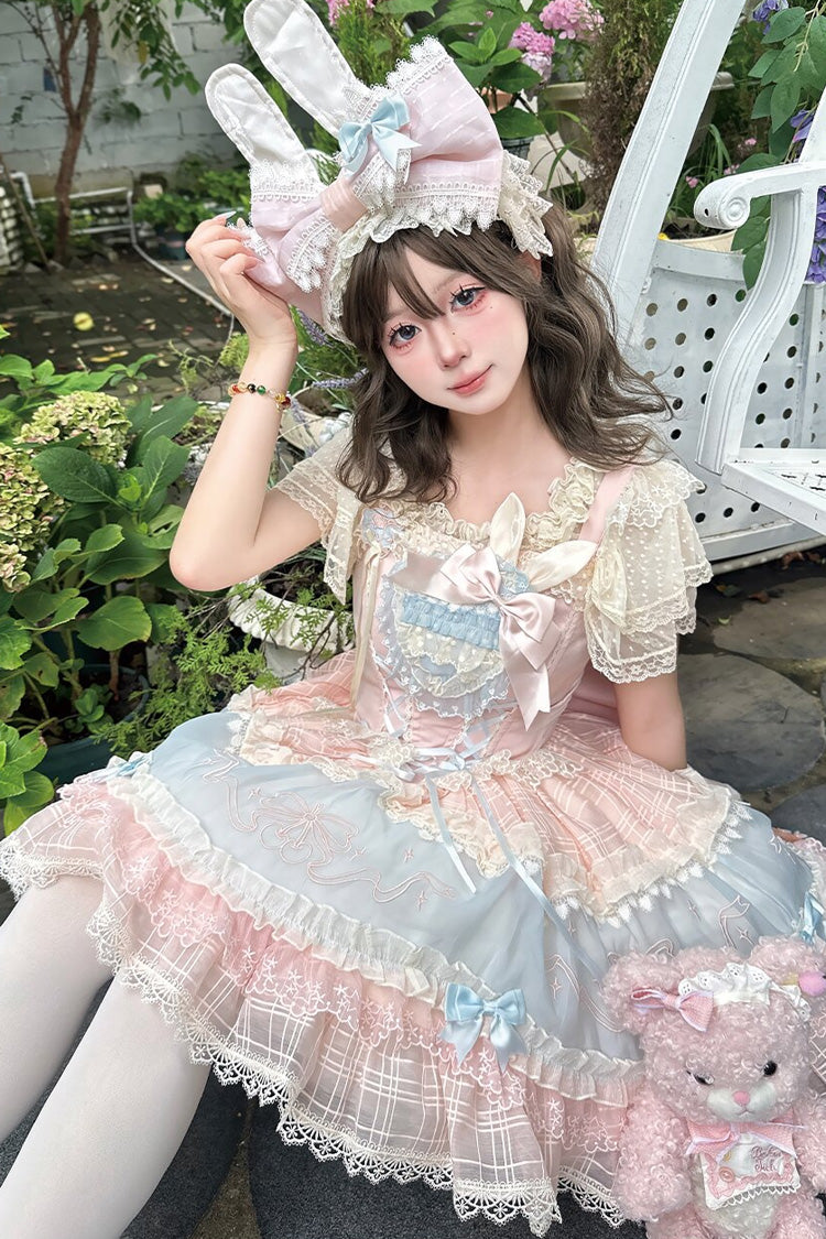 Blue/Pink [Sweetheart Bunny] Square Collar Flutter Sleeves Multi-Layered Jacquard Ruffled Embroidered Bow Lace Sweet Lolita Jsk Dress