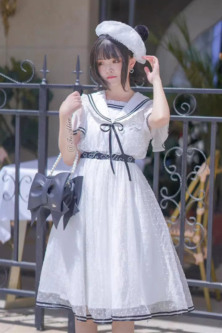 White [Seaside Sweetheart] Chiffon Navy Collar Short Sleeves Ruffled Lace-Up Slim Sailor Sweet Lolita Dress