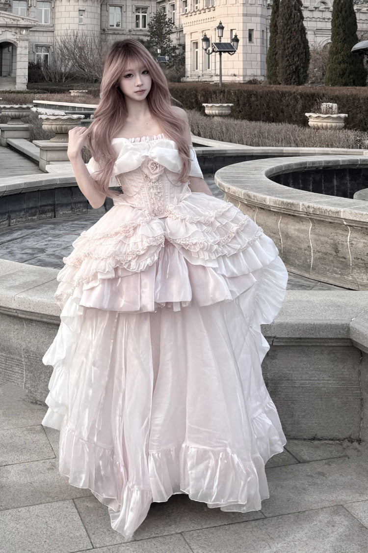 Pink Boat Neck Ruffled Bow Sweet Princess Lolita Dress