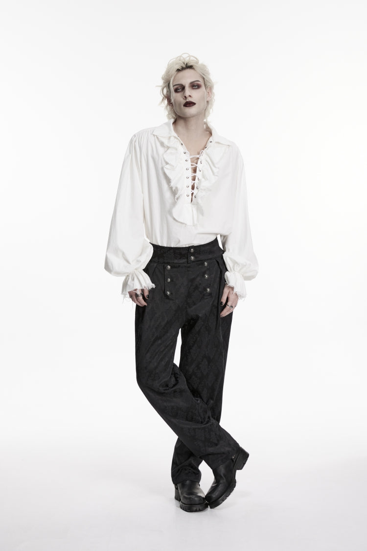 White Lapel Collar Long Lantern Sleeves Ruffled Lace-Up Women's Men's Gothic Luxurious Balletcore Shirt