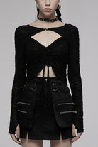 Black V Collar Long Sleeves Hollow Slim Women's Punk Blouse