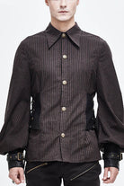 Brown Striped Waist Cuff Leather Mens Punk Blouse