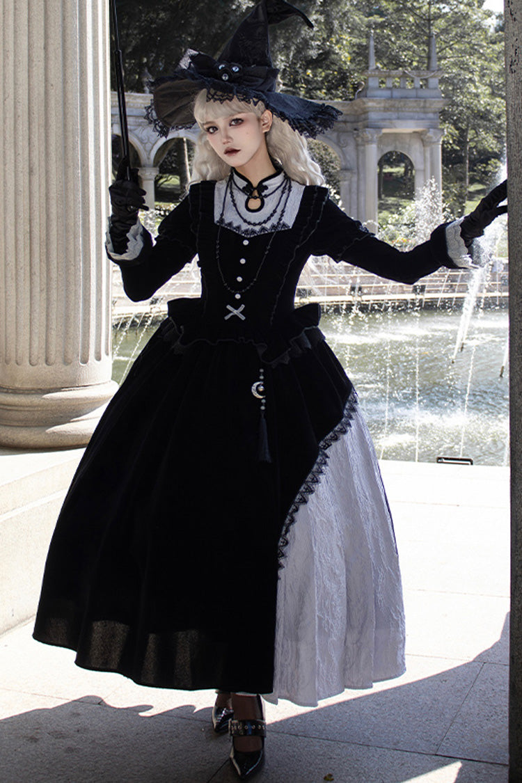 Black Witch Long Sleeves Ruffle Bowknot Stitching Lace Gothic Lolita Long Dress