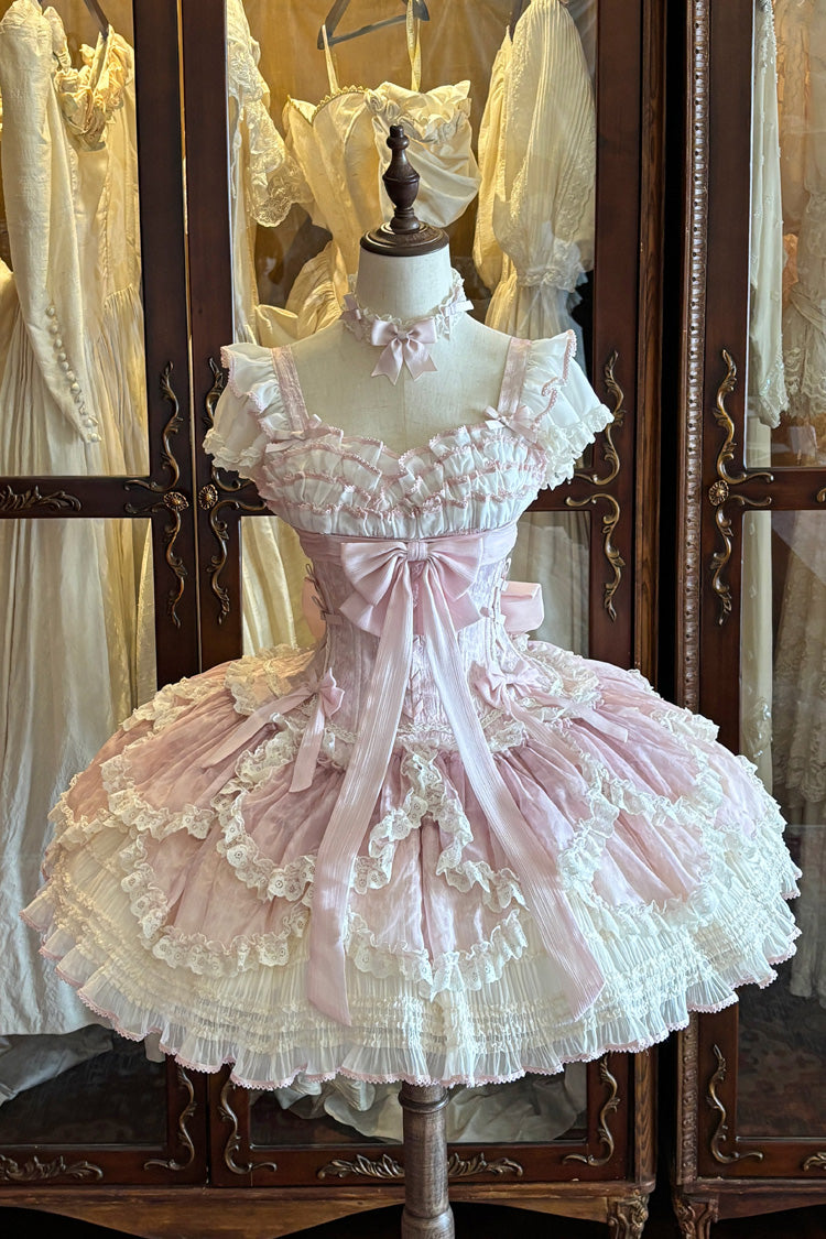 Pink [Floral Dream] Short Sleeves Multi-Layered Ruffle Embroidery Bowknot Lace-Up Sweet Elegant Ballet Lolita Jsk Dress