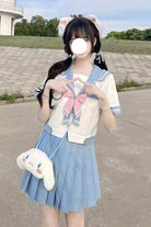 White/Blue Ruffle Bowknot Sweet Japanese School Sailor Skirt Set