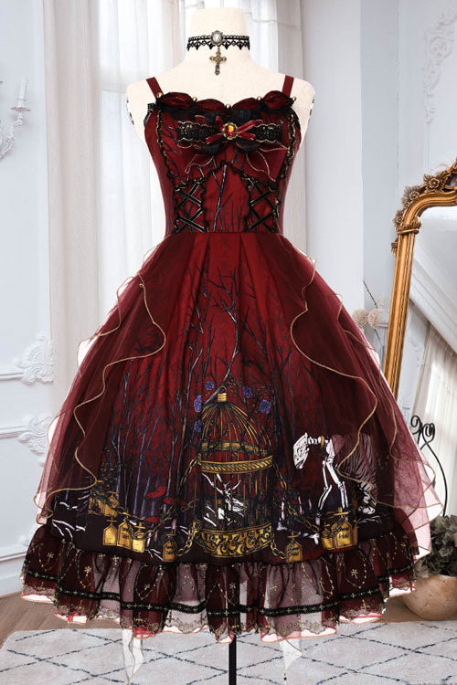 Red Decaying Forest Round Collar Bowknot Ruffled Classic Lolita JSK Dress