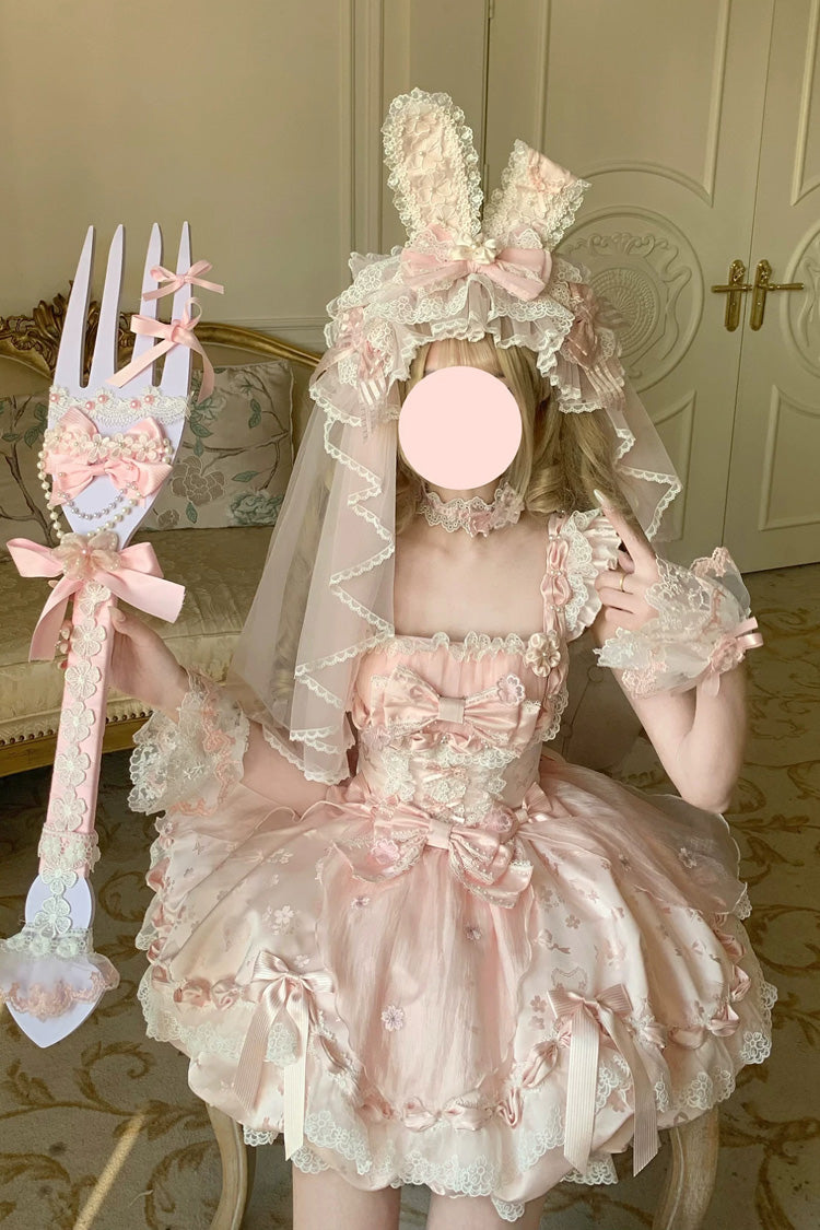 Pink [Sakura Bunny Ballad] Square Collar Flutter Sleeves Jacquard Ruffled Bow Lace Sweet Elegant Luxurious Short Lolita Jsk Dress