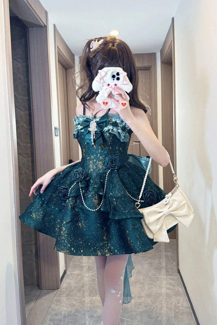 [Cosmic Shimmer] Halterneck Oil Printed Ruffled Bow Lace Pearl-Decorated Sweet Princess Lolita Short Jsk Dress 2 Colors