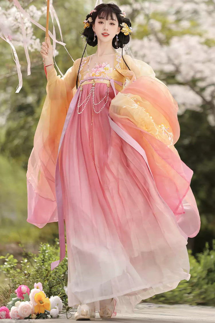 Yellow/Pink [Legends of the Tang Dynasty] High Waisted Printed Embroidered Women's Classic Hanfu Dress Set