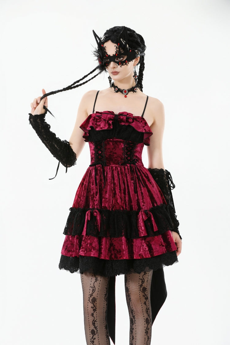 Wine Red Corset Lace-Up Velvet Irregular Pointed Tail Women's Lolita Gothic Cami Mini Dress