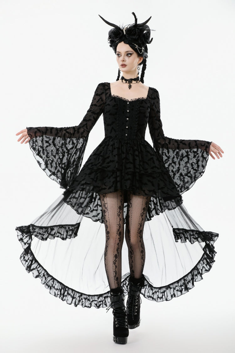 Black Square Collar Long Trumpet Sleeves Bat Printed Lace Irregular Hem Women's Gothic Dress
