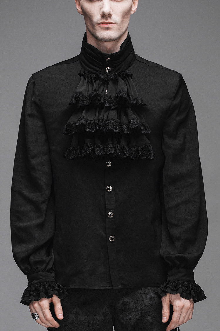 Black Ruffled Lace Button-Up Micro-bullet Chiffon Long Sleeve Men's Gothic Shirt