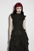 Black Stand Collar Sleeveless Ruffled Embroidered Lace-Up Slim Fit Women's Gothic Elegant Royal Blouse