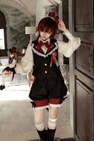 Red/Black [Candy Shop] V Collar Sleeveless Bow Lace Sweet Ouji Lolita Shorts Vest Set