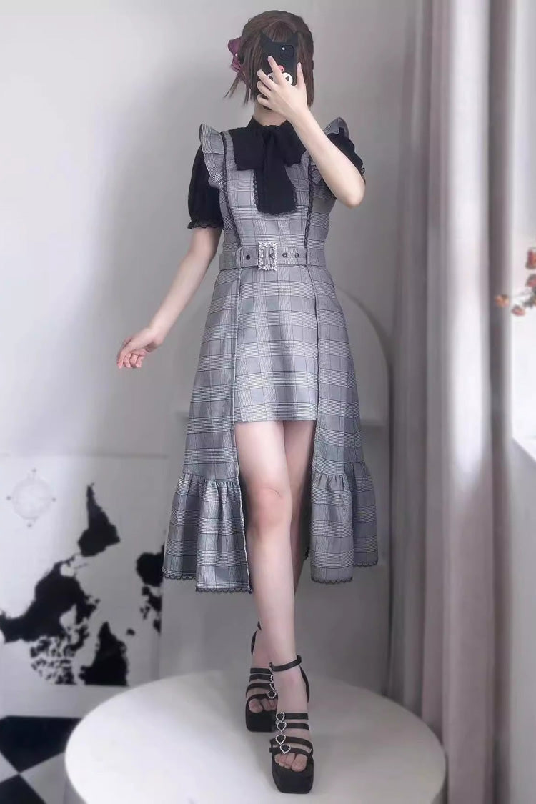 Grey Sleeveless Plaid Print Ruffle Slim Elegant Irregular Jirai Kei Dress