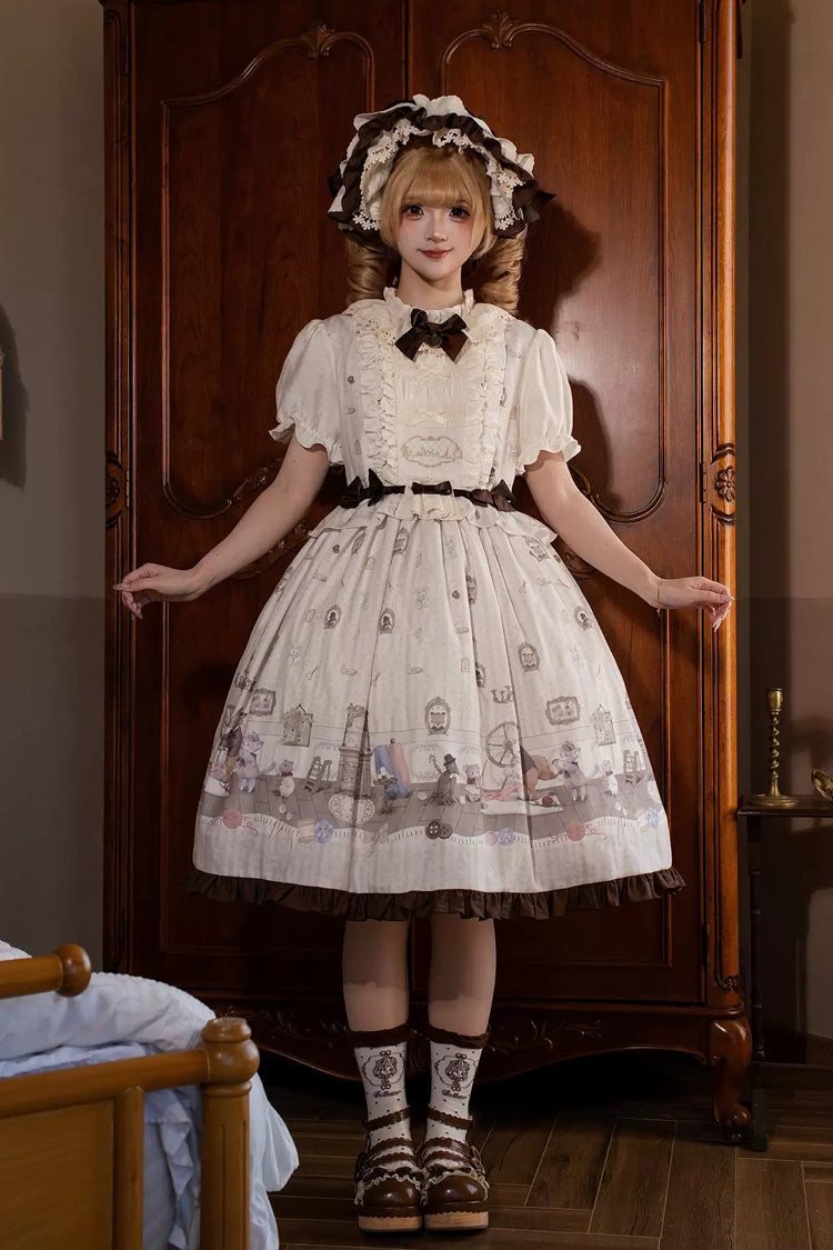 Ivory [Forest Tailor Shop] Stand Collar Short Sleeves Printed Ruffled Bow Sweet Lolita Dress