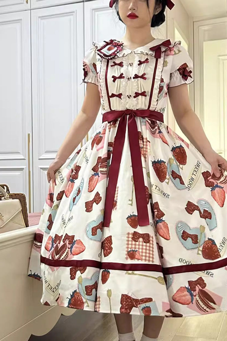 Multi-Color Strawberry Bowknot Print Short Sleeves Long Version Sweet Lolita Dress