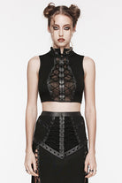 Black Stand Collar Sleeveless Stitching Lace-Up Ripped Women's Punk Tank Top