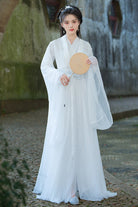 White Fairy-Like Long Trumpet Sleeves Embroidered Sweet Ancient Chinese Inspired Hanfu Dress