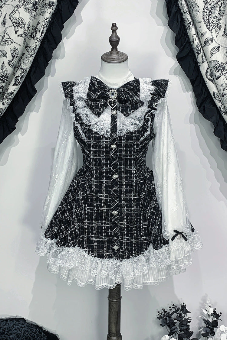 Black [Lunar Eclipse Doll] Long Sleeves Plaid Printed Ruffled Bow Lace Sweet Jirai Kei Japanese Dress Shorts Set