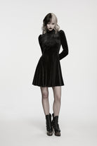Black High Collar Long Lantern Sleeves Ruffled Embroidered Lace Zippered Women's Gothic Elegant Royal Dress