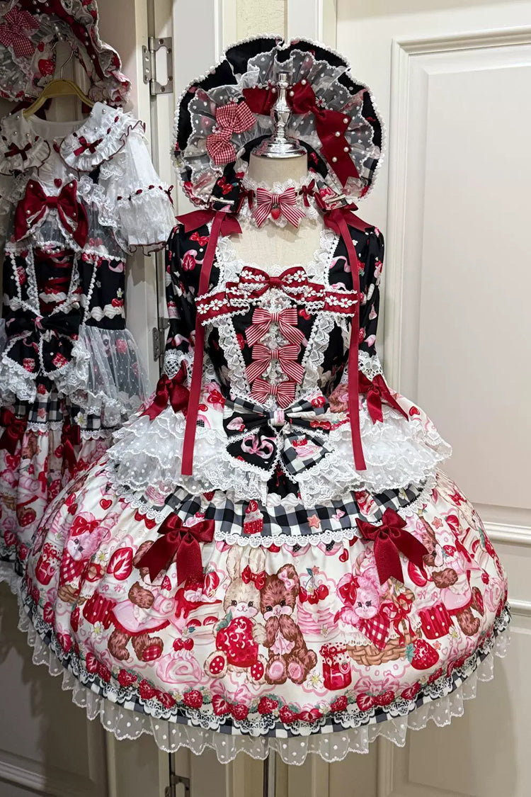 Black/Red [Sweet Berry Bunny Bear] Half Sleeves Printed Bow Lace Lace-Up Sweet Lolita OP Dress