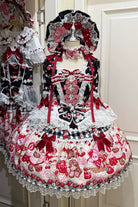 Black/Red [Sweet Berry Bunny Bear] Half Sleeves Printed Bow Lace Lace-Up Sweet Lolita OP Dress