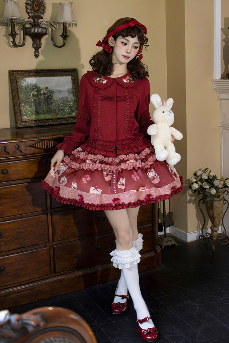 Red [Bell Strawberry Farm] Print Ruffle Embroidery Sweet Lolita Skirt