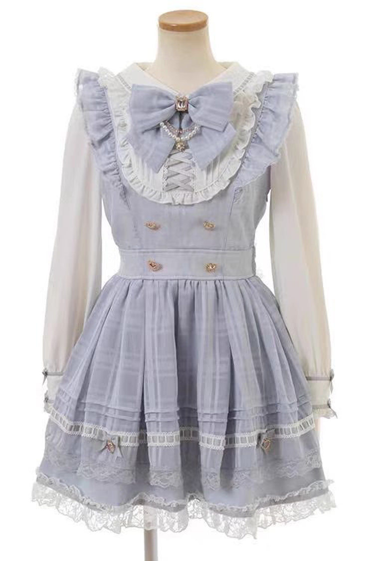 Jirai Kei Long Sleeves Print Ruffle Bowknot Lace-Up Dress 3 Colors