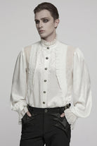 White Stand Collar Long Puff Sleeves Jacquard Ruffle Embroidery Men's Gothic Blouse