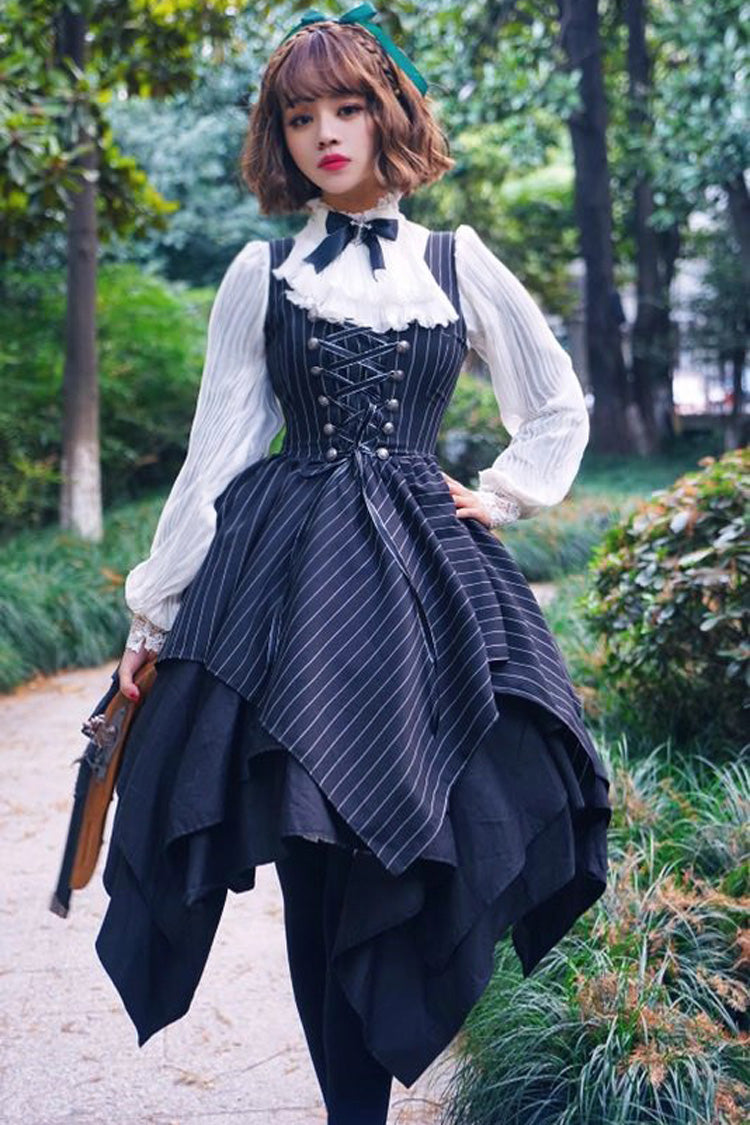 Black Sleeveless Striped Print Lace-Up Irregular Hem Gothic Lolita Dress
