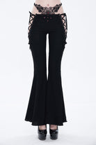 Black Low-Rise Lace Gem-Embellished Bilateral Lace-Up Cutout Flared Women's Gothic Pants