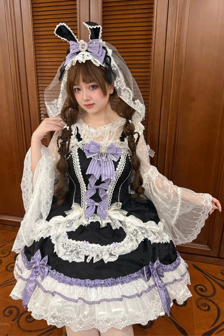 Black/Purple [Prelude of Ribbons] Square Collar Sleeveless Jacquard Ruffled Open-Front Bow Lace Pearl Detail Floral Wall Plus Size Sweet Lolita Jsk Dress