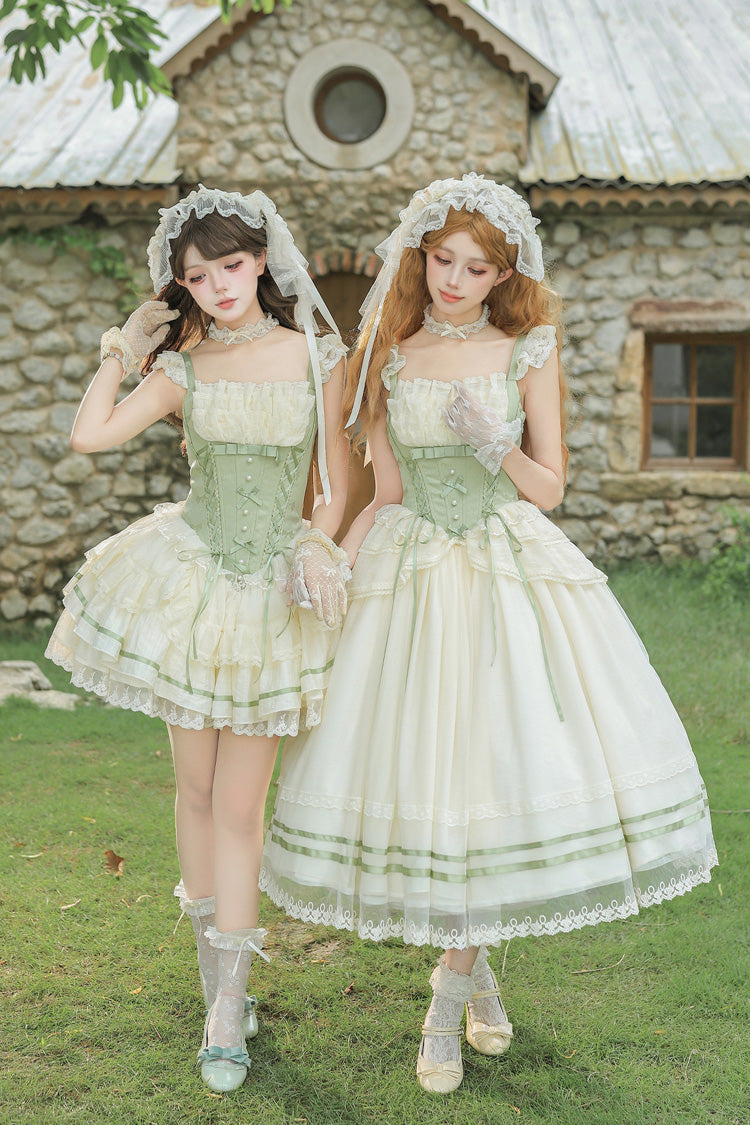 Green Square Collar Sleeveless Multi-Layered Ruffled Bow Lace Fishbone Sweet Lolita Jsk Dress 2 Versions