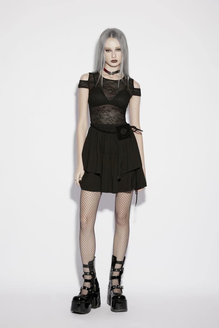 Black Off Shoulder Multi-Layered Cut-Out Spliced Slim Mesh Eyelet Women's Gothic Dress Graduation Dress