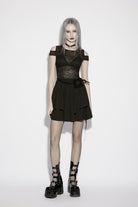 Black Off Shoulder Multi-Layered Cut-Out Spliced Slim Mesh Eyelet Women's Gothic Dress Graduation Dress