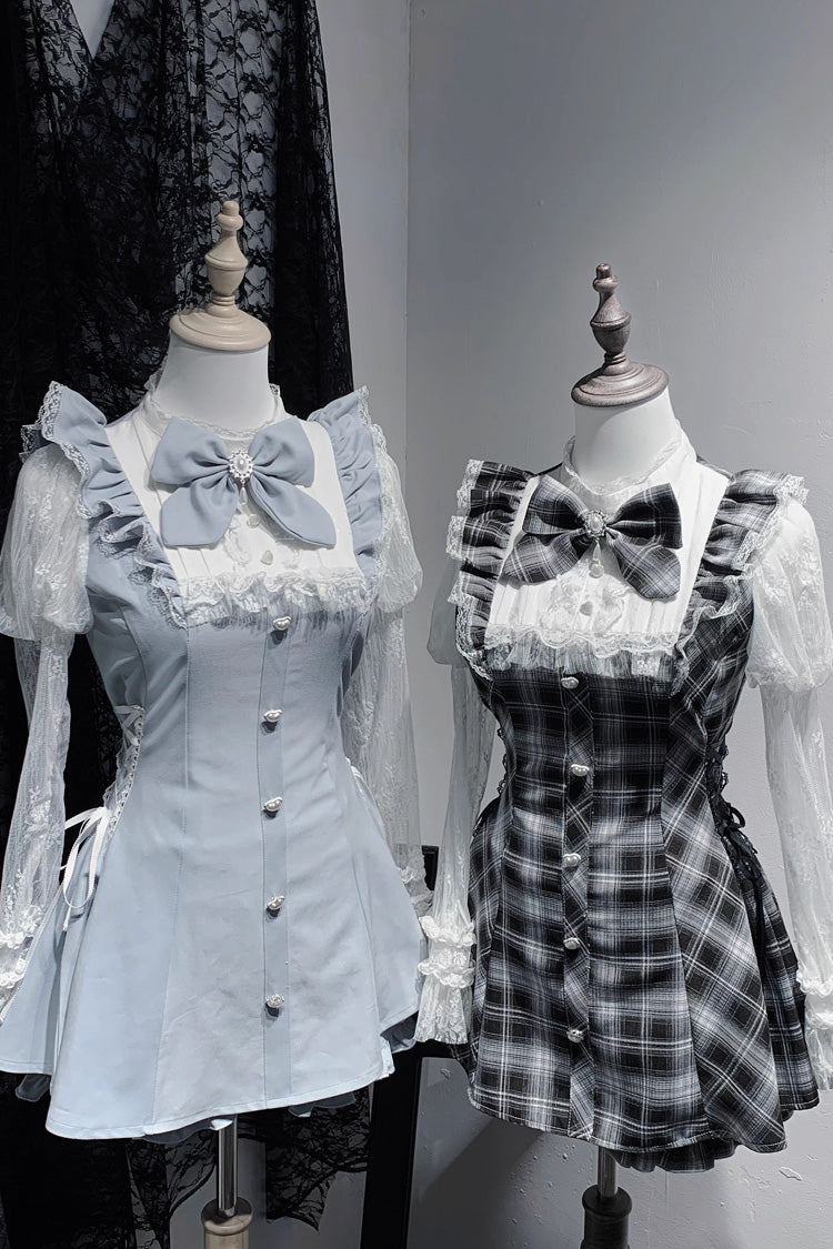 [Feather Ode] Jirai Kei Stand Collar Long Sleeves Ruffled Bow Lace Sweet Japanese Dress Shorts Set 2 Colors