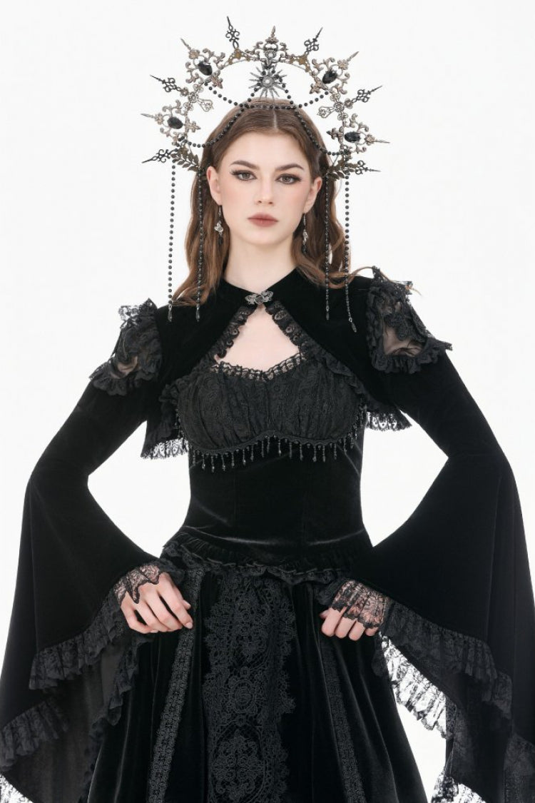 Black Ruffled Lace Long Trumpet Sleeves Floral Sheer Mesh Spliced Velvet Women's Gothic Cape