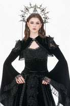 Black Ruffled Lace Long Trumpet Sleeves Floral Sheer Mesh Spliced Velvet Women's Gothic Cape