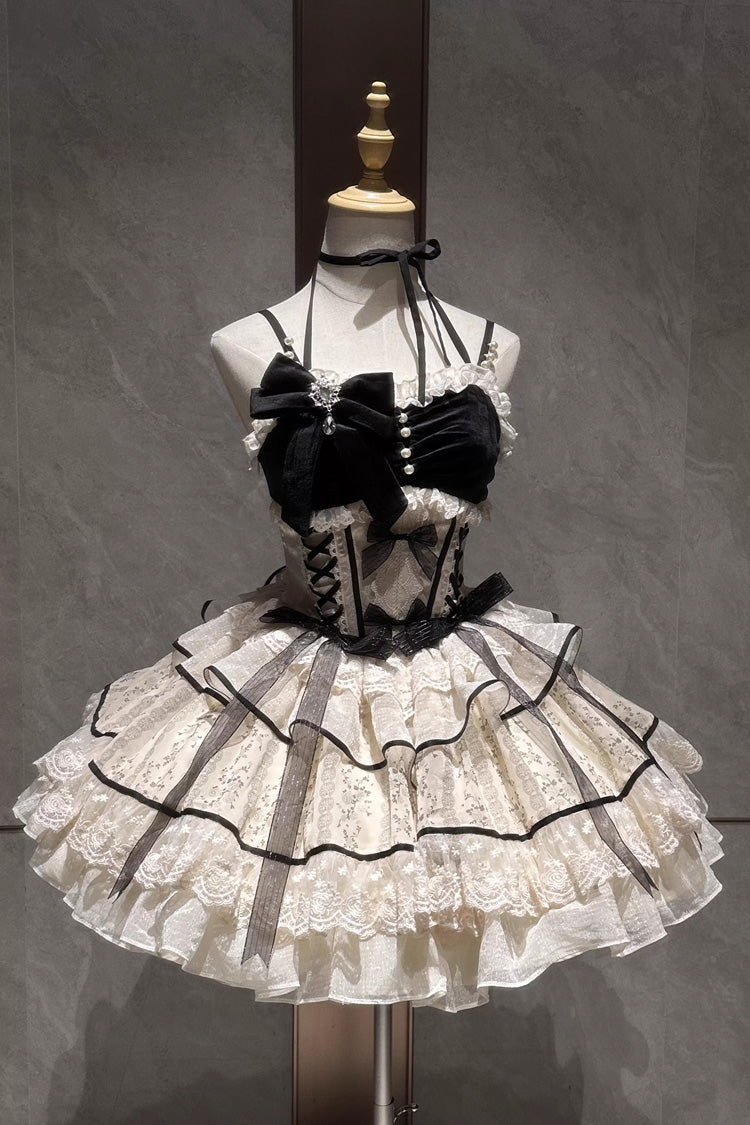 Black/Apricot [Holiday Ball] Sleeveless Multi-Layered Printed Ruffled Bow Lace Ballet Sweet Lolita Jsk Dress